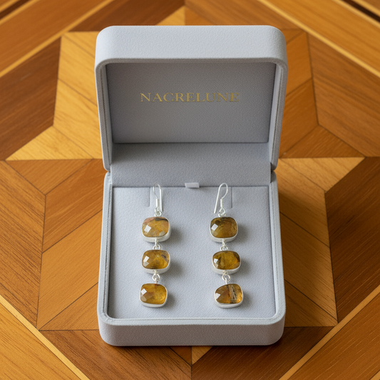 Boucles d'oreille en argent avec oeil du tigre taillé NACRELUNE boucles d'oreille