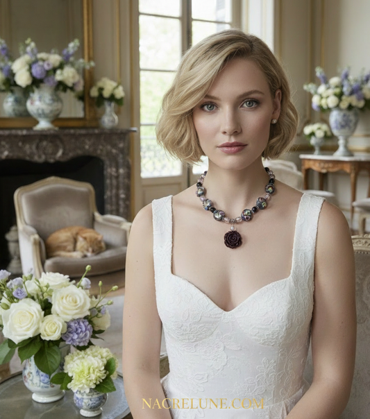 collier en perles de verre et rose en resine