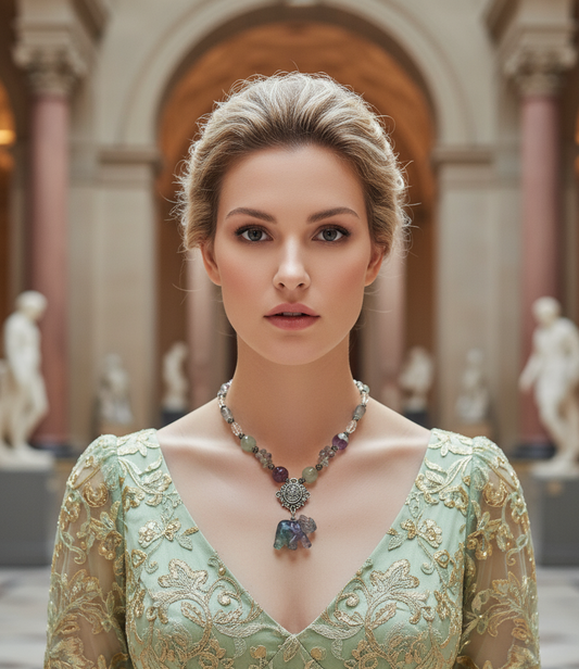 Collier en perles et elephant sculptés en fluorite naturelle et perles avec camée métal NACRELUNE collier