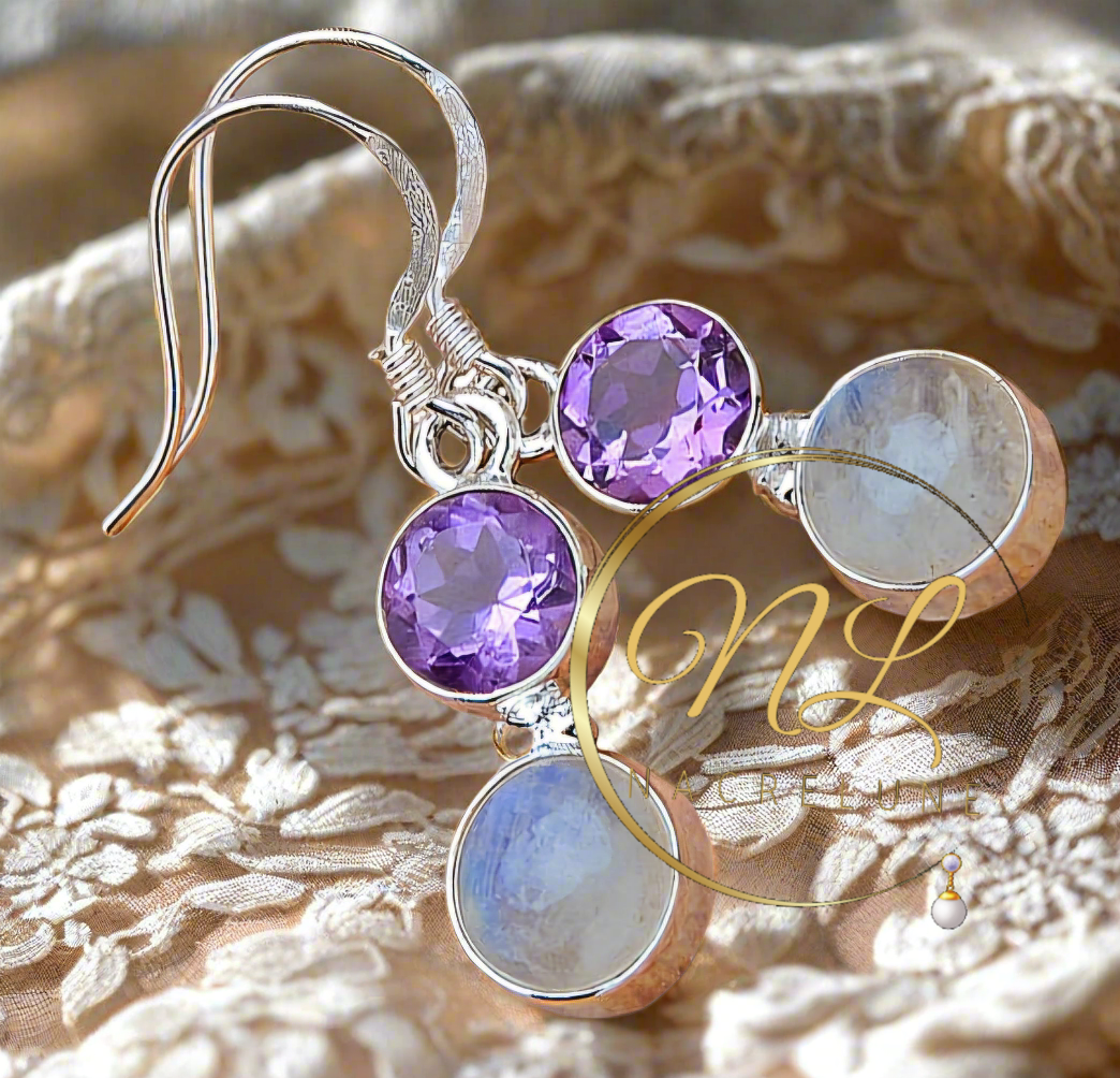 Boucles d'oreille en argent avec améthystes et pierres de lune