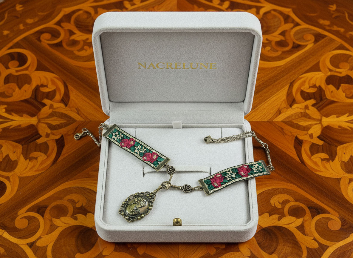 collier avec ruban brocard et camée métallique NACRELUNE collier