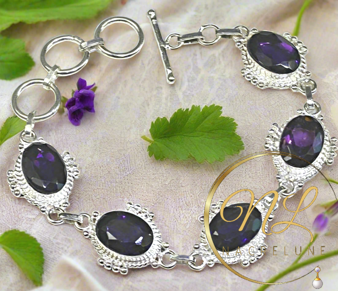 Bracelet en argent avec améthystes taillées (ch pierre 14X10mm)