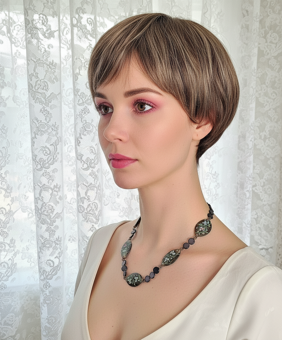 Collier en pastilles de nacre bleu et grandes perles de verre peintes à la main