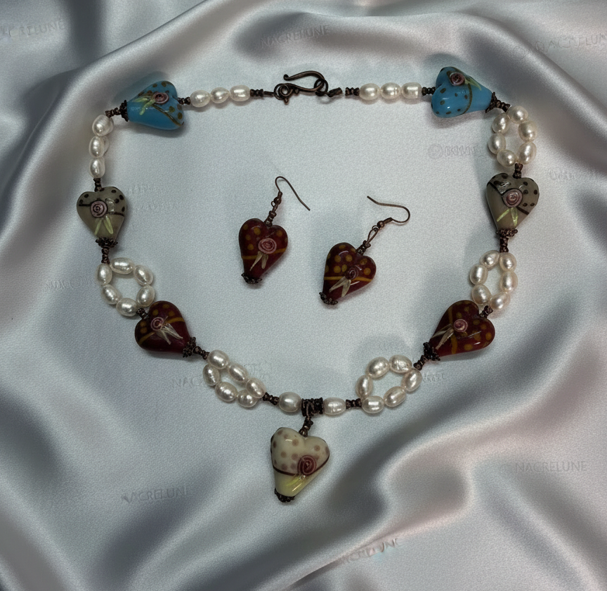 parure en perles de culture et coeurs en verre décoré NACRELUNE parure