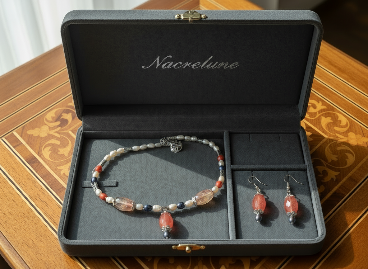 Parure en perles de quartz facettées rouges NACRELUNE parure