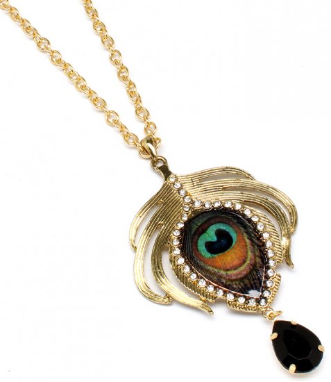 Collier long fantaisie représentant plume de paon