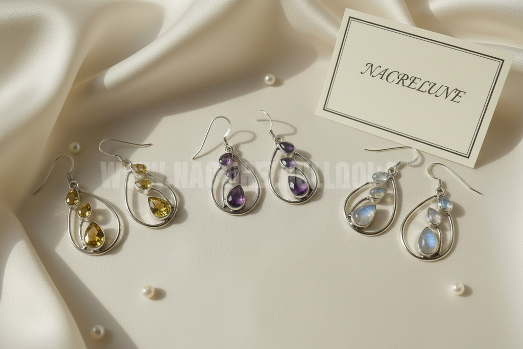Boucles d’oreille en argent 925 : sélectionnez vos pierres, pierre de lune, améthyste ou citrine. nacrelune.com boucles d'oreille