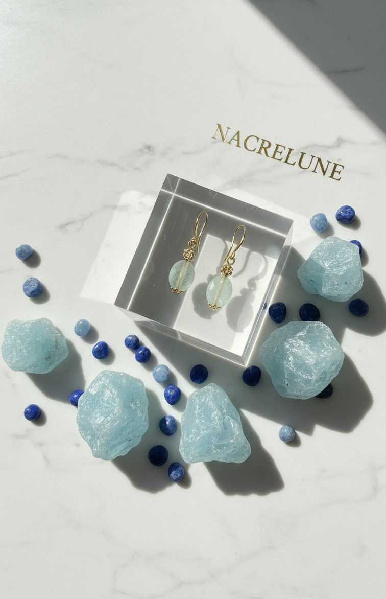 Boucles d'oreille en Aigue-Marine Facettée – Monture Dorée | NACRELUNE