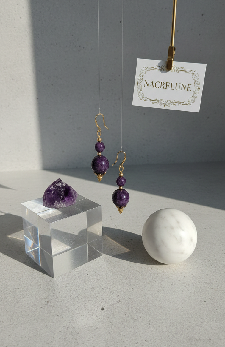 Boucles d'oreille en Améthyste – Monture Dorée & Intuition | NACRELUNE