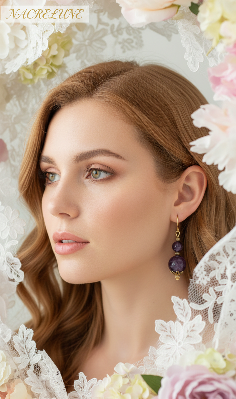 Boucles d'oreille en Améthyste – Monture Dorée & Intuition | NACRELUNE