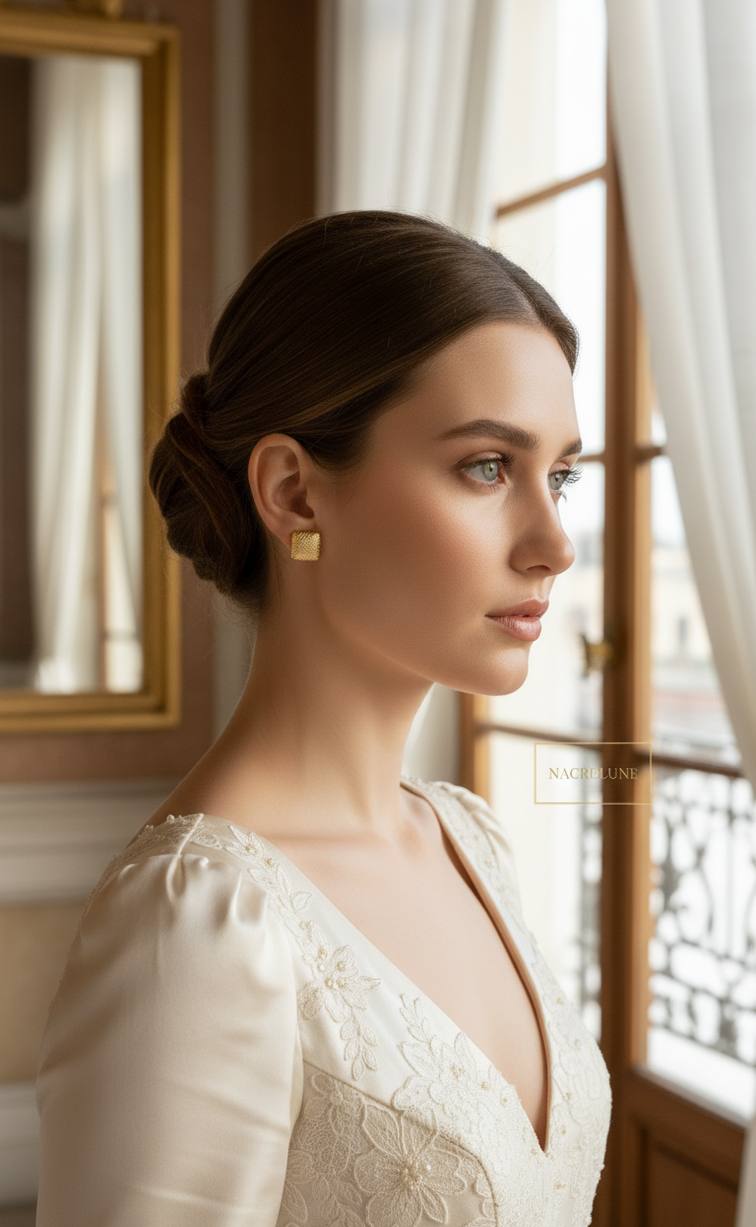 Boucles d'oreille Dorées Forme Carré – Micro-Reliefs & Éclat Luxe | NACRELUNE