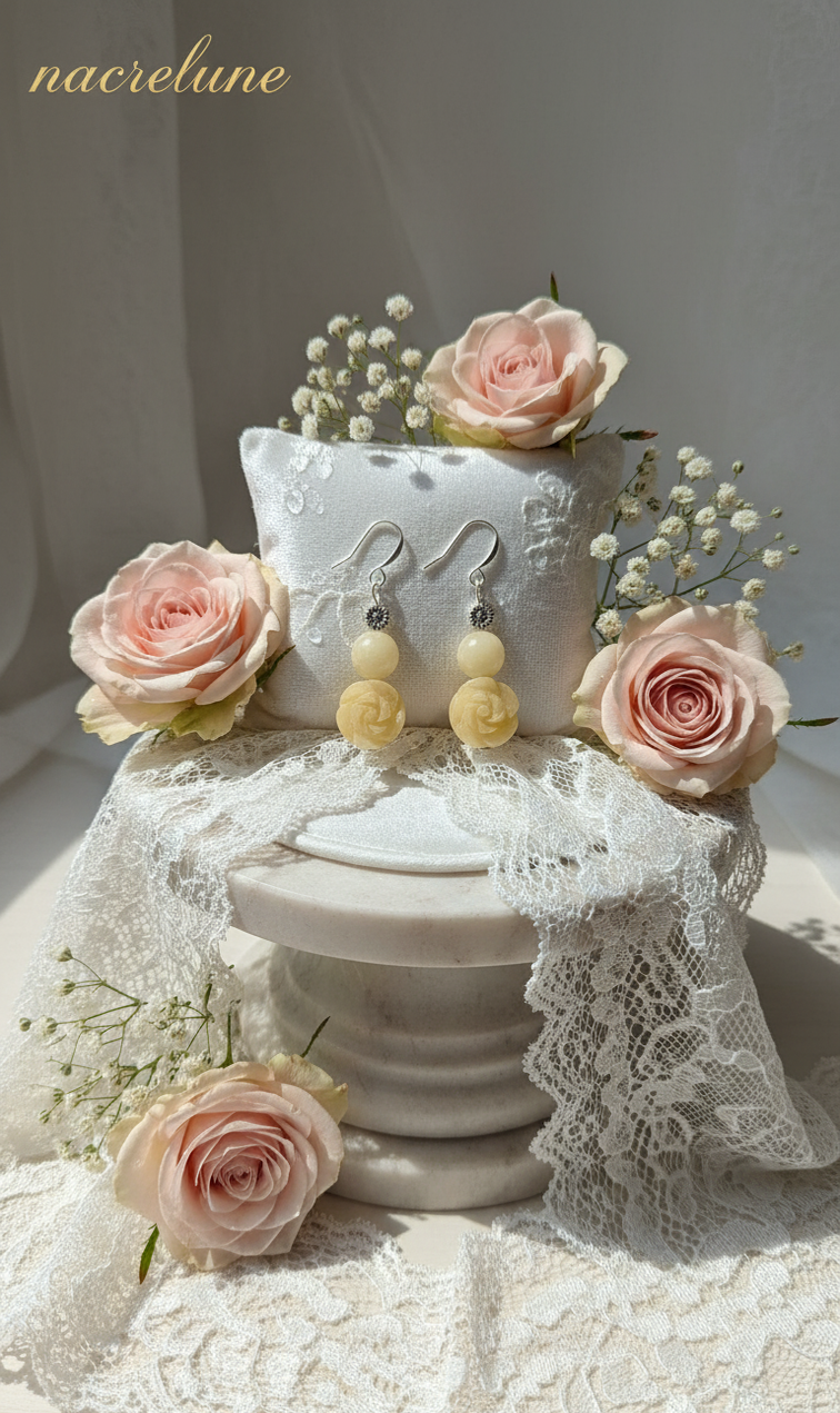 Boucles d'oreille en Citrine – Fleur sculptée & perle argentée | NACRELUNE