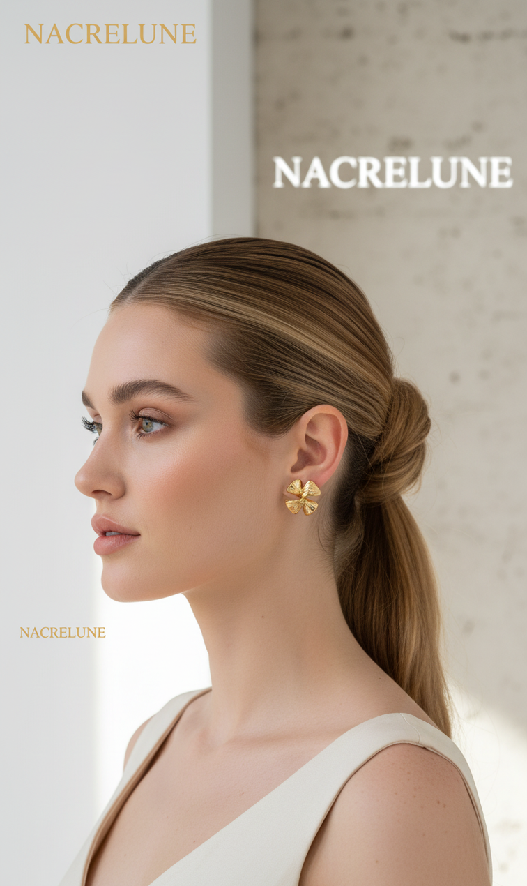 Boucles d'oreille Dorées Forme Fleur – Pétales Sculptés & Éclat Doré | NACRELUNE