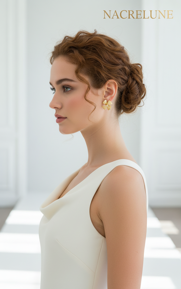 Boucles d'oreille Dorées Forme Fleur – Pétales Sculptés & Éclat Doré | NACRELUNE