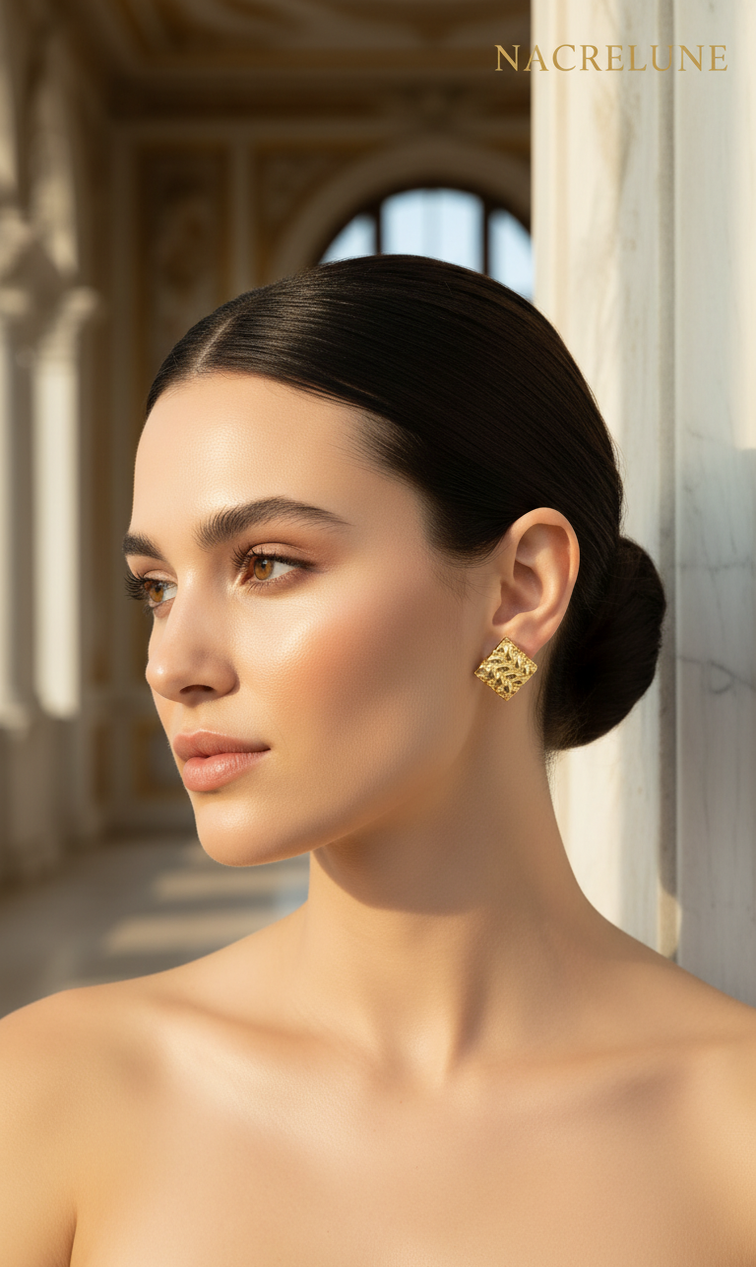 Boucles d'oreille Dorées Forme Losange – Tressage Doré & Élégance Graphique | NACRELUNE