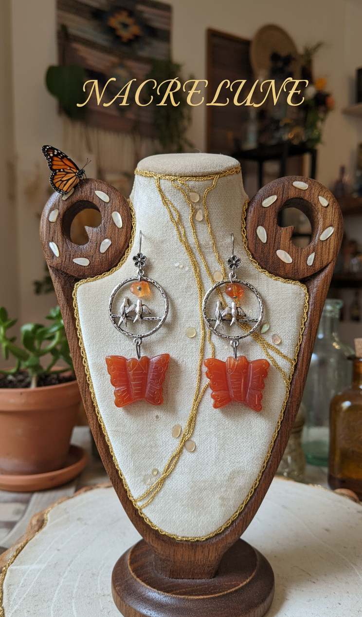 Boucles d’oreilles agate cornaline, papillons et oiseaux-NACRELUNE NACRELUNE boucles d'oreille