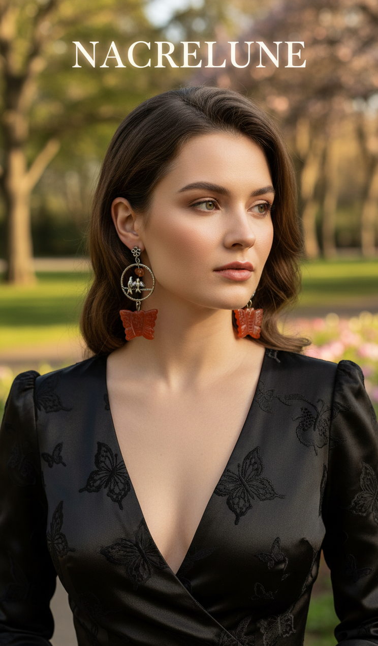 Boucles d’oreilles agate cornaline, papillons et oiseaux-NACRELUNE NACRELUNE boucles d'oreille