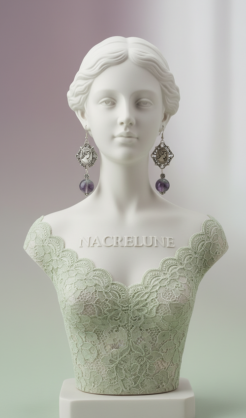Boucles d'Oreille en Fluorite Naturelle avec Camée – Bijou Artisanal Pierre Naturelle | NACRELUNE NACRELUNE boucles d'oreille