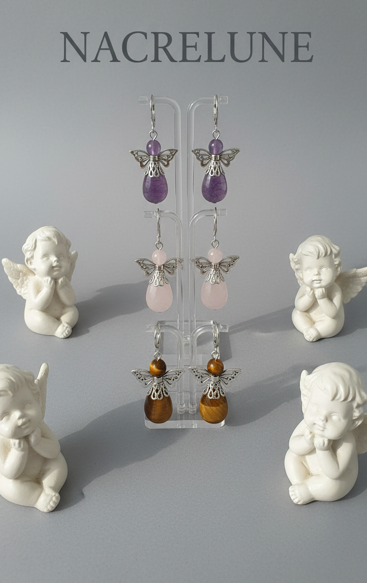 Guardian Angel Earrings – Amethyst, Tiger's Eye, or Rose Quartz | NACRELUNE