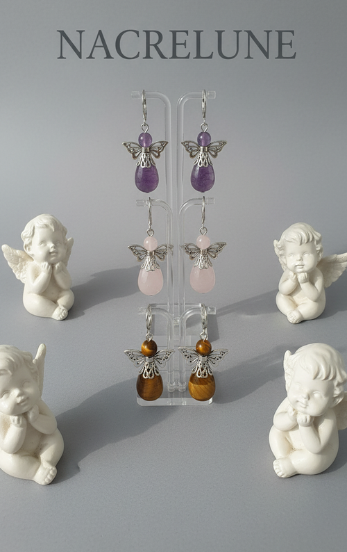 Boucles d'oreille Ange Gardien – Améthyste, Œil du Tigre ou Quartz Rose | NACRELUNE NACRELUNE boucles d'oreille