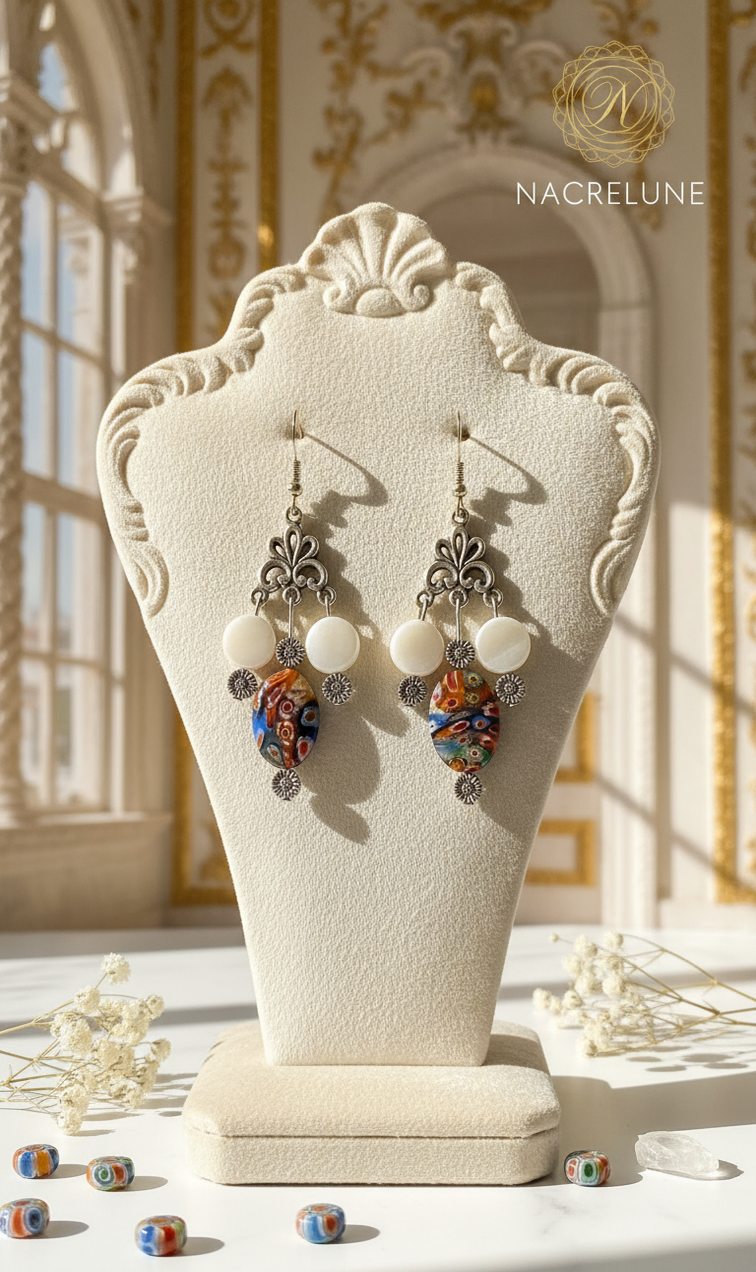 Pendientes de cristal millefiori y nácar – Joya artesanal y brillo veneciano