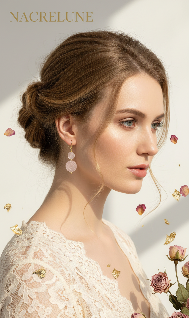 Pendientes de cuarzo rosa con forma de flores – Joya de litoterapia y dulzura floral