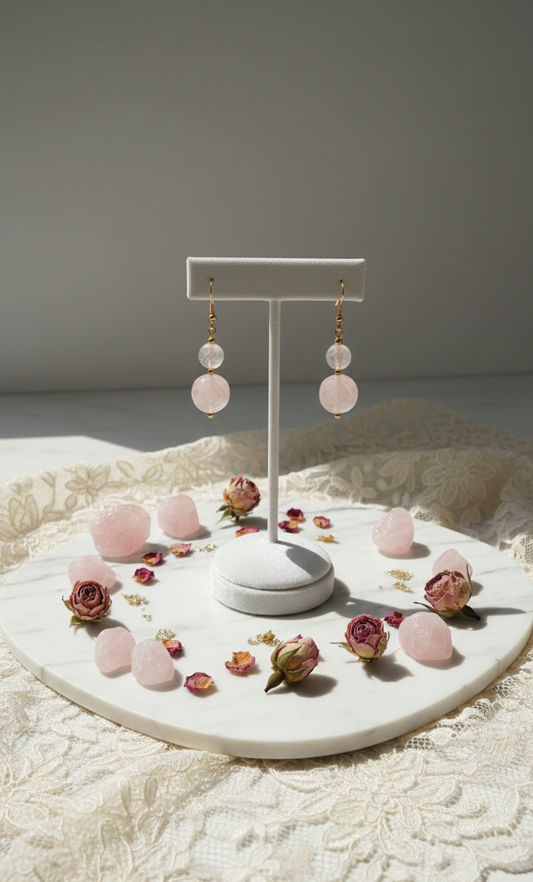 Pendientes de cuarzo rosa con forma de flores – Joya de litoterapia y dulzura floral