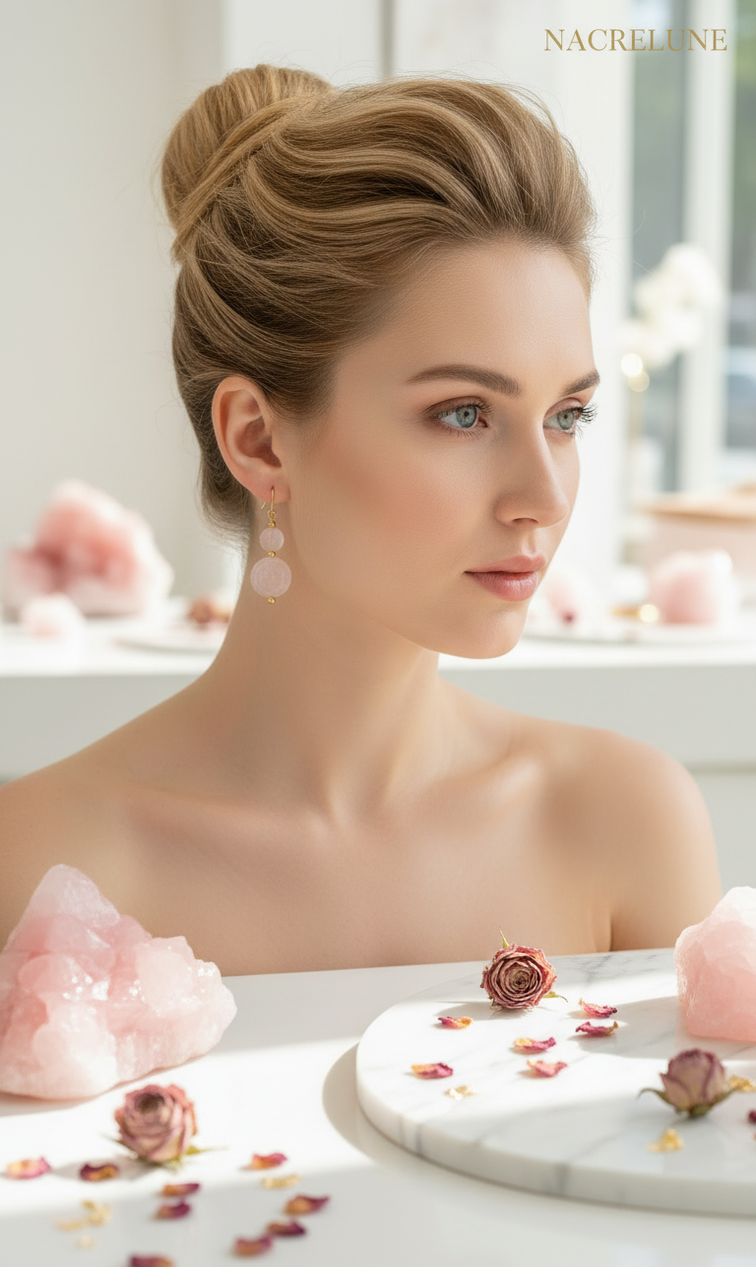 Pendientes de cuarzo rosa con forma de flores – Joya de litoterapia y dulzura floral