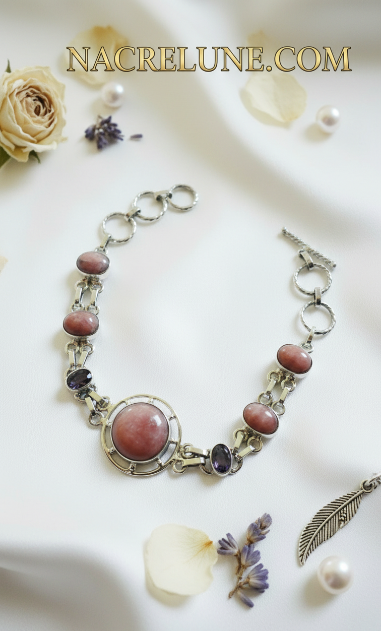 Bracelet en argent avec rhodocrosites et améthystes nacrelune.com bracelet