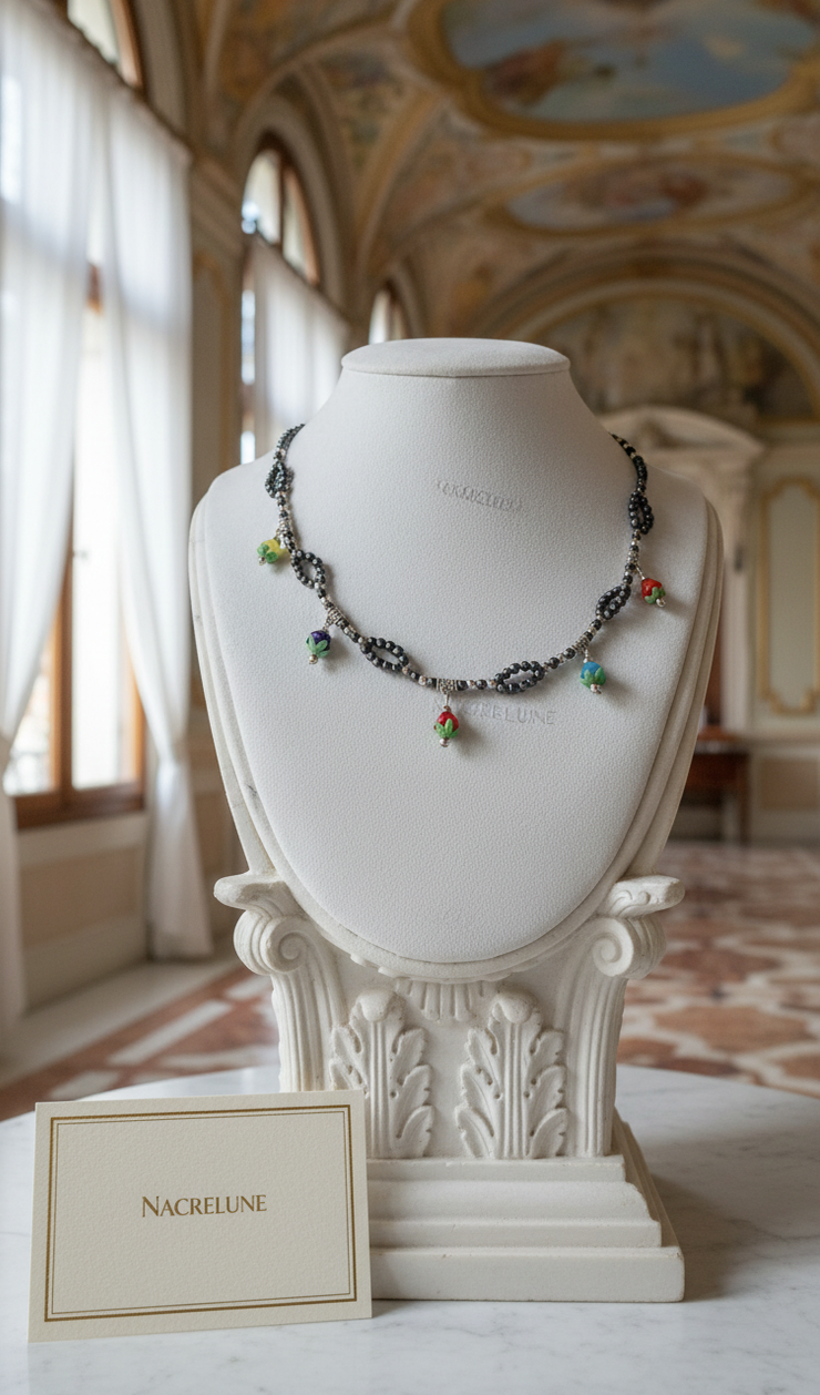 Necklace made of small black cultured pearls with multicolored glass flowers