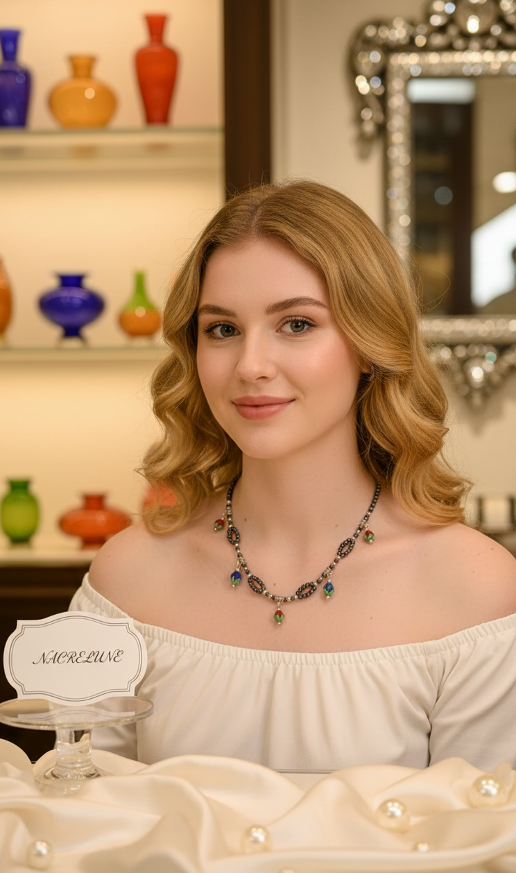 Necklace made of small black cultured pearls with multicolored glass flowers