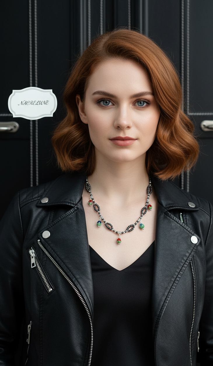 Necklace made of small black cultured pearls with multicolored glass flowers