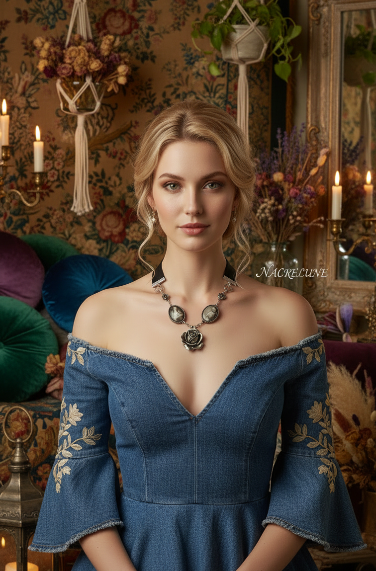 Collier Camées sur Ruban Satin, Dentelle et Vintage Édouardien