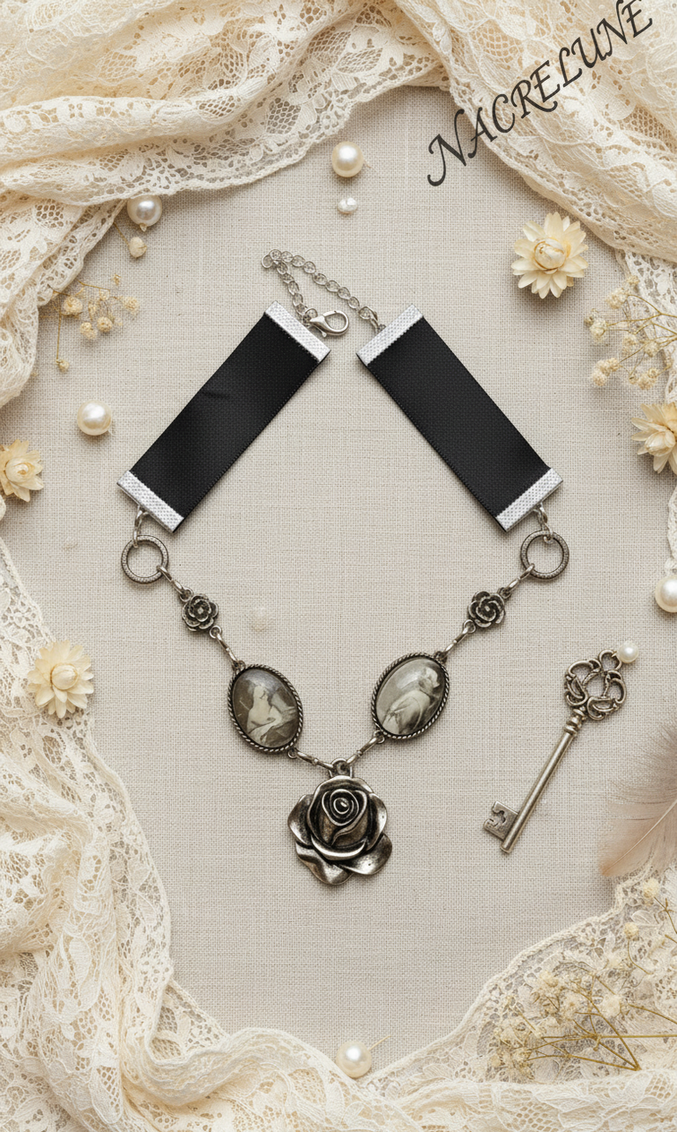 Cameos on Satin Ribbon, Lace, and Vintage Edwardian Collar