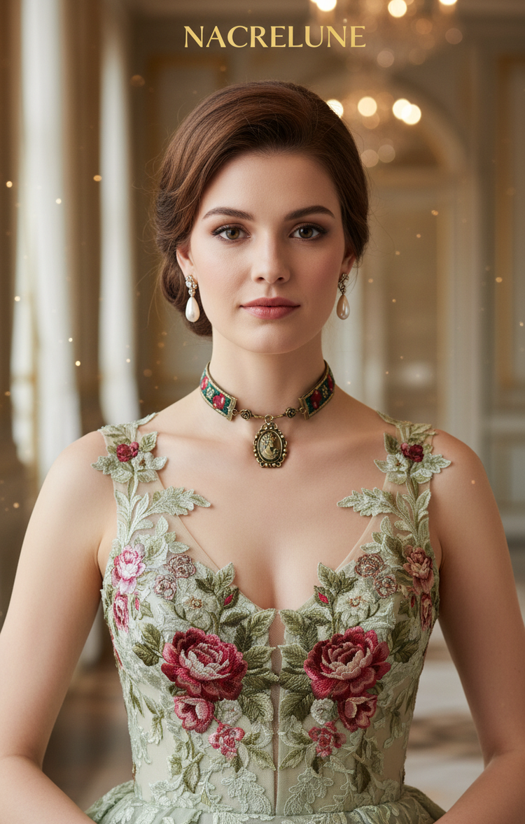 collar with brocade ribbon and metallic cameo
