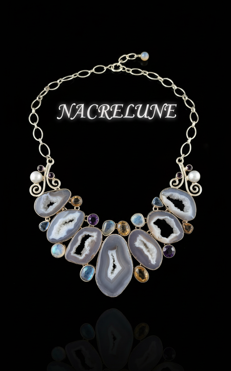 Collier en argent avec géodes d'agates grises à cristaux de quartz et pierres fines-NACRELUNE NACRELUNE collier