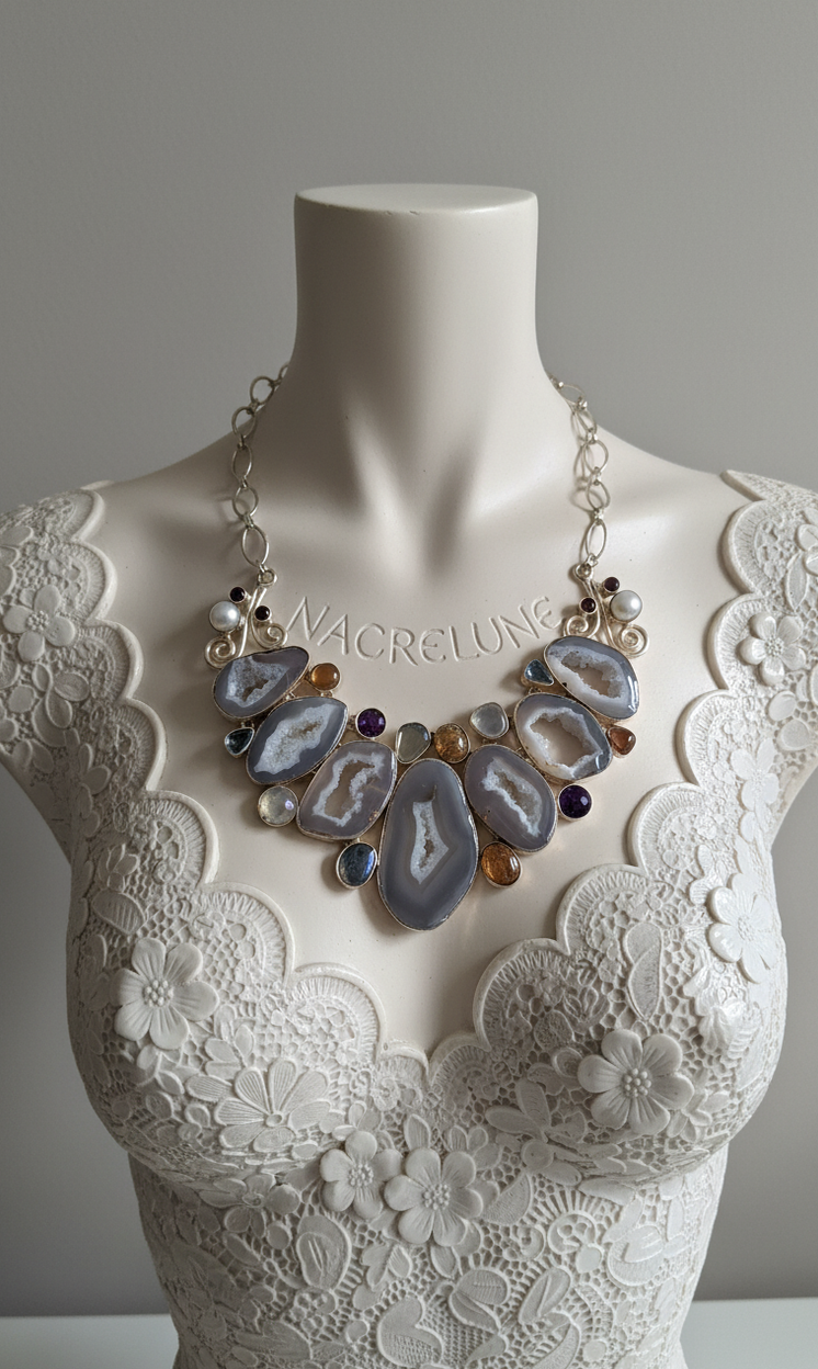 Collier en argent avec géodes d'agates grises à cristaux de quartz et pierres fines-NACRELUNE NACRELUNE collier