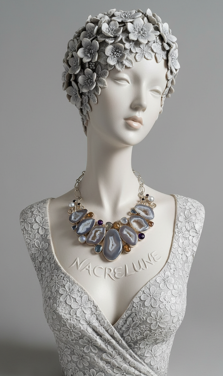 Collier en argent avec géodes d'agates grises à cristaux de quartz et pierres fines-NACRELUNE NACRELUNE collier