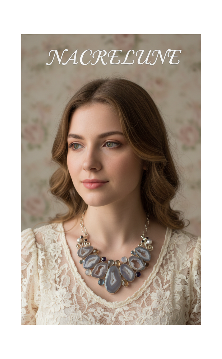 Collier en argent avec géodes d'agates grises à cristaux de quartz et pierres fines-NACRELUNE NACRELUNE collier
