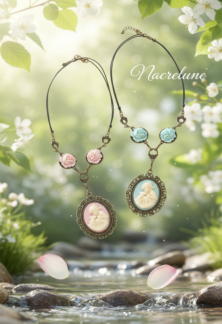 Necklace with roses and resin cameo: choose your color