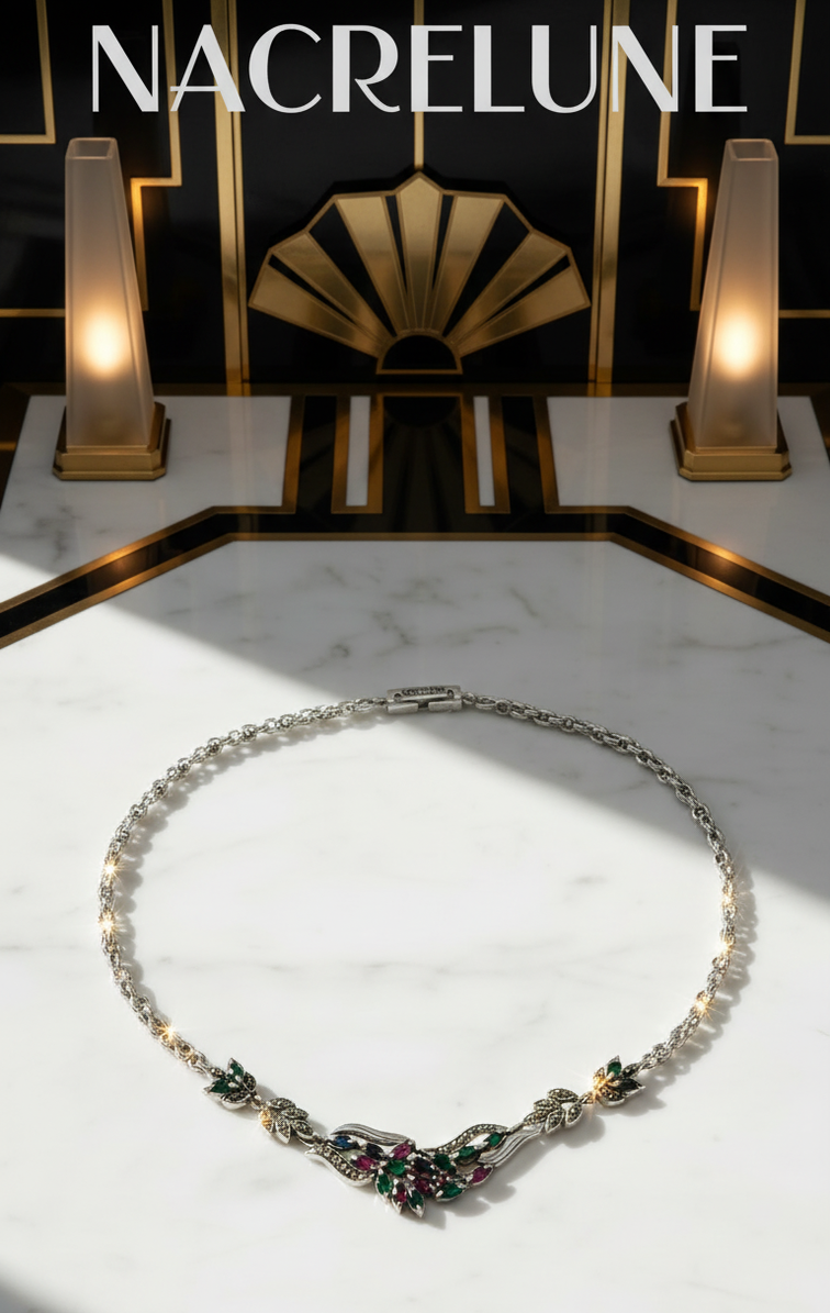 Collier en argent 925 et marcassites avec pierres précieuses nacrelune.com collier