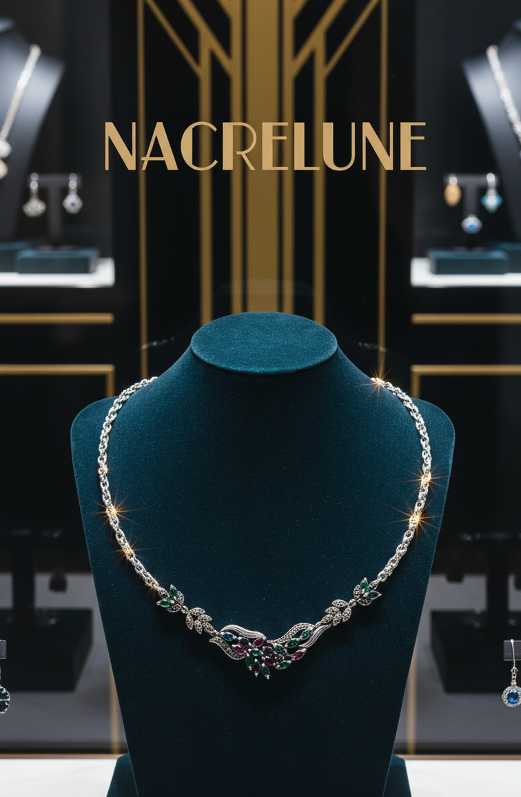 Collier en argent 925 et marcassites avec pierres précieuses nacrelune.com collier