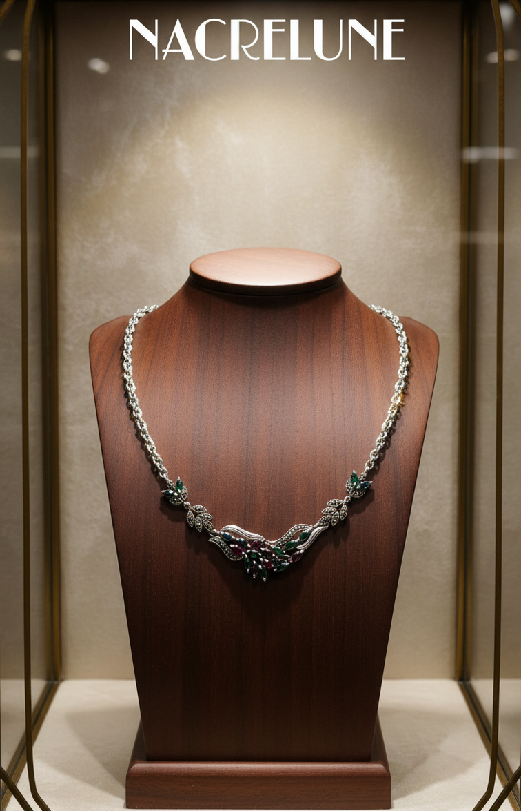 Collier en argent 925 et marcassites avec pierres précieuses nacrelune.com collier