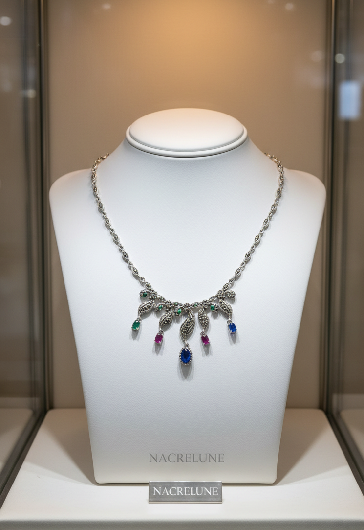 Collier en argent 925 et marcassites avec rubis émeraudes et saphirs nacrelune.com collier