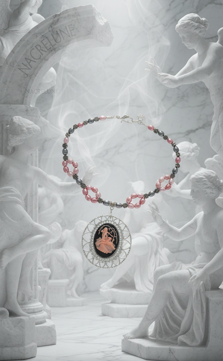 Collar de perlas cultivadas rosas con camafeo
