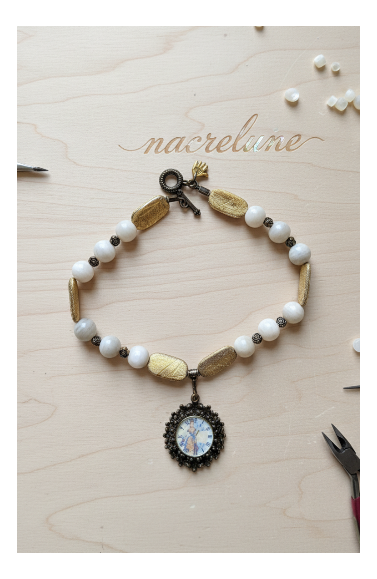 Collier en pierres de lune véritables et camée rond