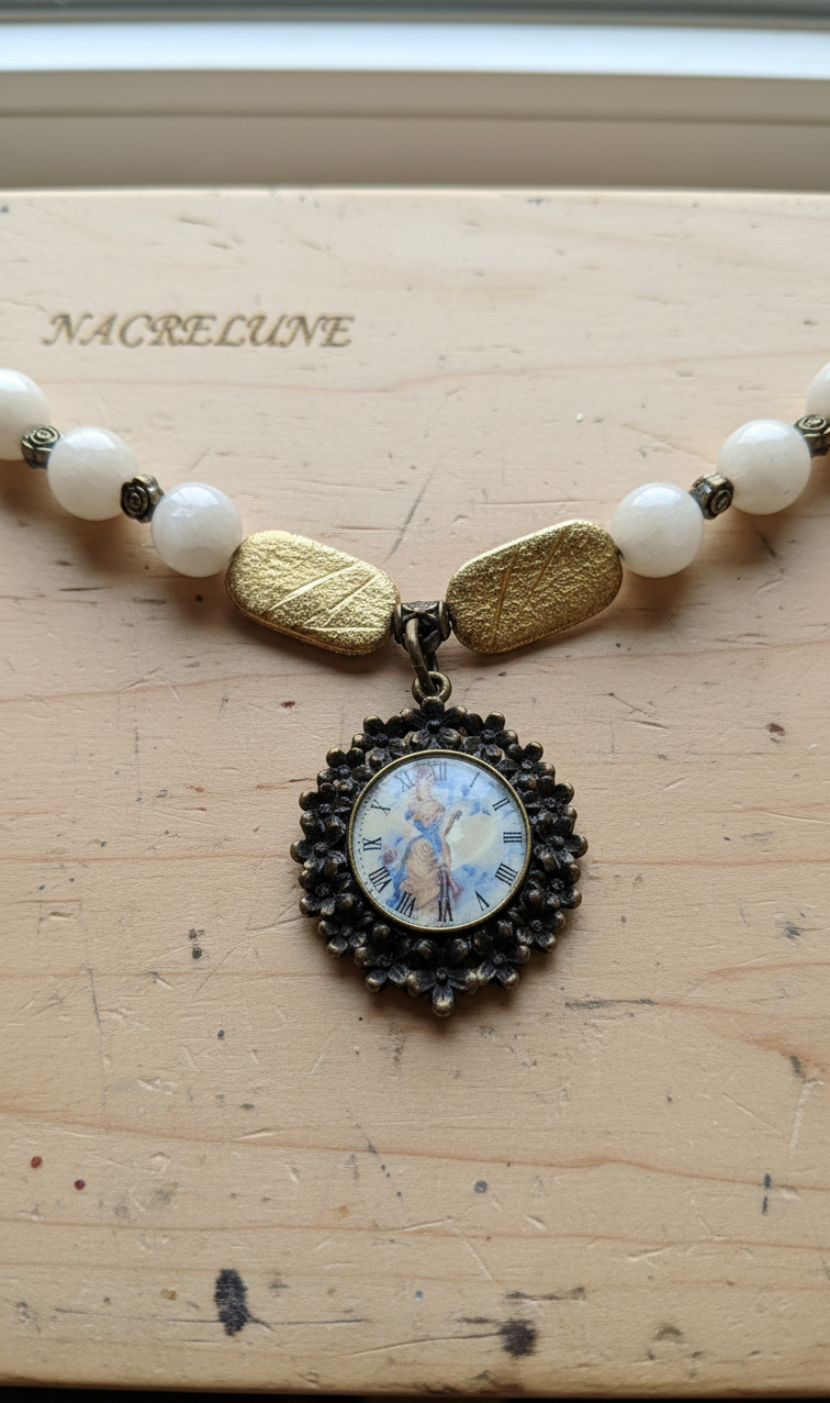 Collier en pierres de lune véritables et camée rond