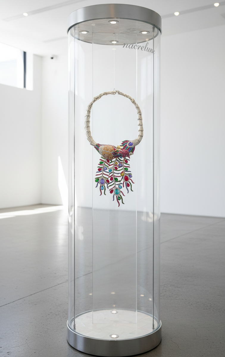 Collier en strass multicolores représentant un paon monté sur métal argenté