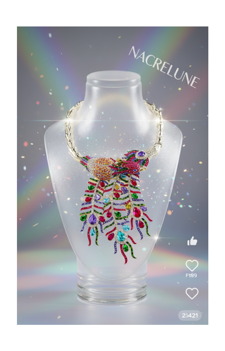 Collier en strass multicolores représentant un paon monté sur métal argenté