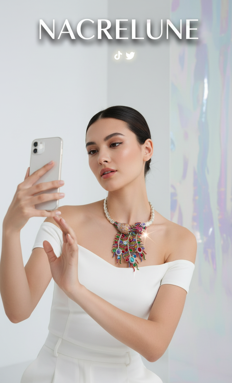 Collier en strass multicolores représentant un paon monté sur métal argenté